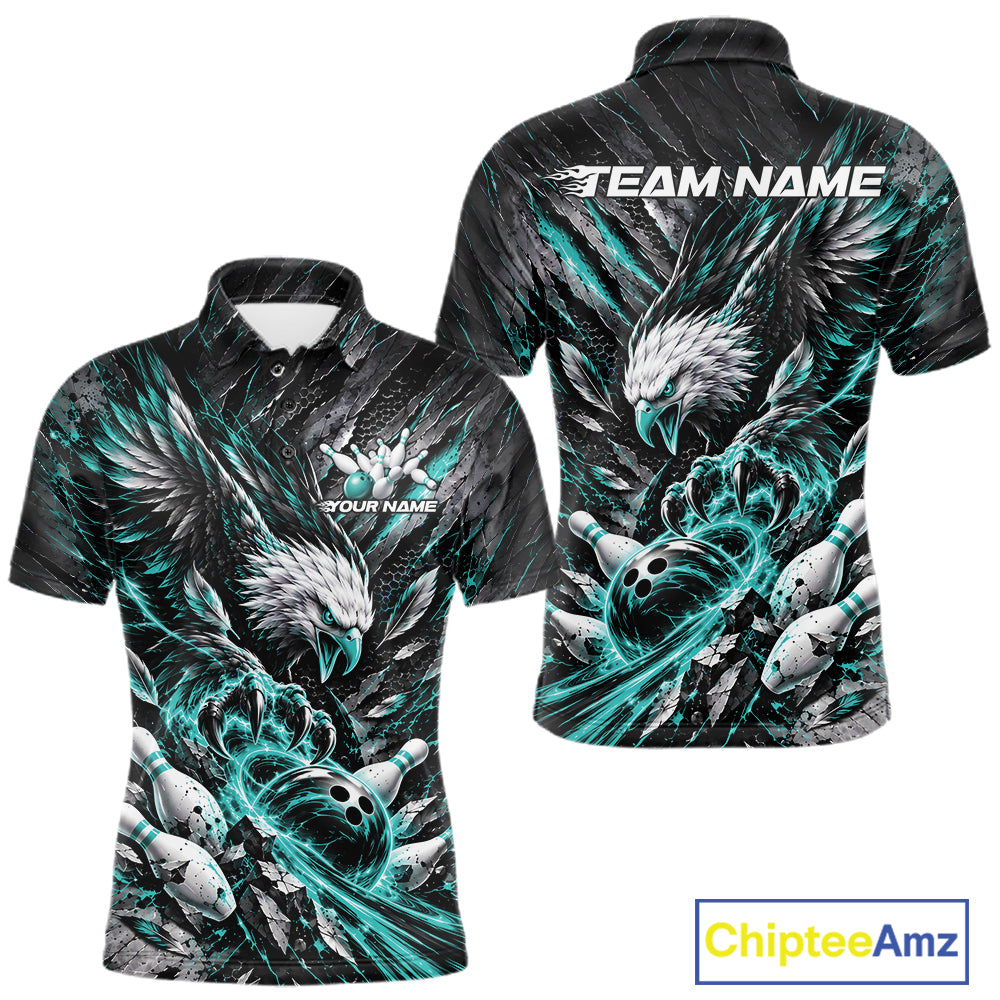 Custom Turquoise Eagle Bowling Polo Shirt For Men, Bowling Team Jersey Bowlers Outfit IPHW12422