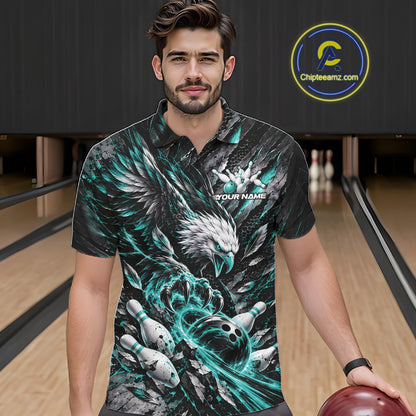 Custom Turquoise Eagle Bowling Polo Shirt For Men, Bowling Team Jersey Bowlers Outfit IPHW12422