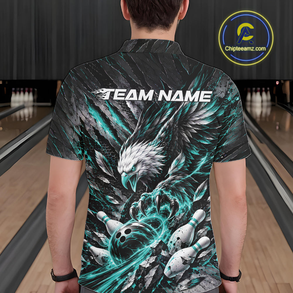 Custom Turquoise Eagle Bowling Polo Shirt For Men, Bowling Team Jersey Bowlers Outfit IPHW12422