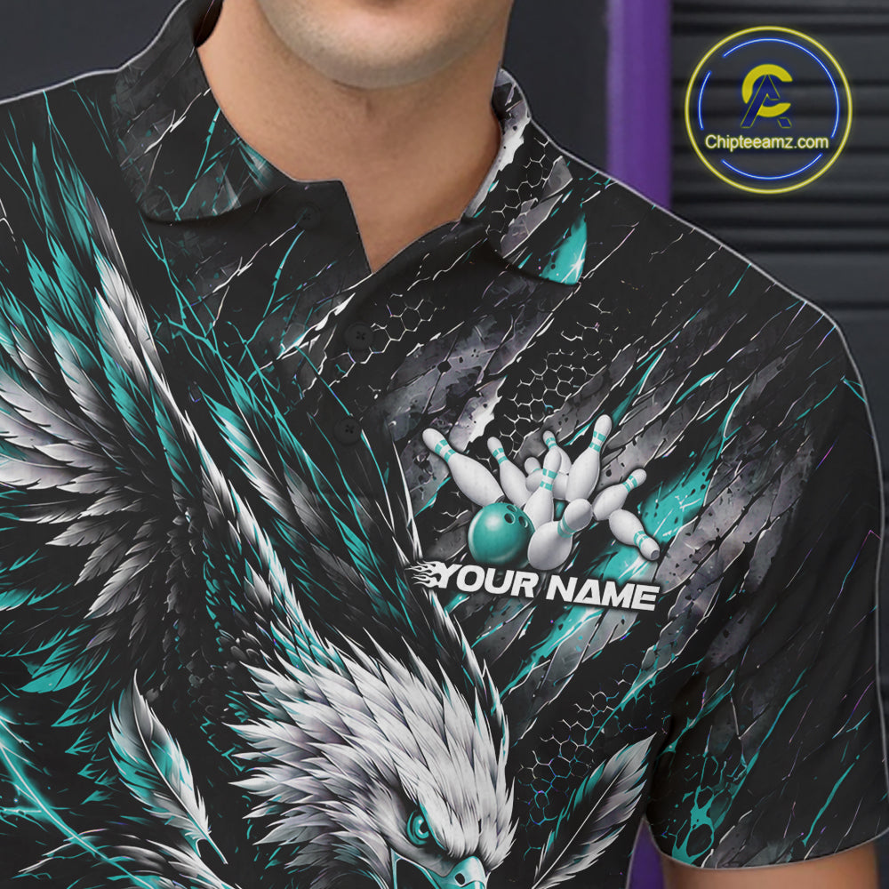 Custom Turquoise Eagle Bowling Polo Shirt For Men, Bowling Team Jersey Bowlers Outfit IPHW12422