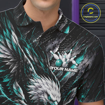 Custom Turquoise Eagle Bowling Polo Shirt For Men, Bowling Team Jersey Bowlers Outfit IPHW12422