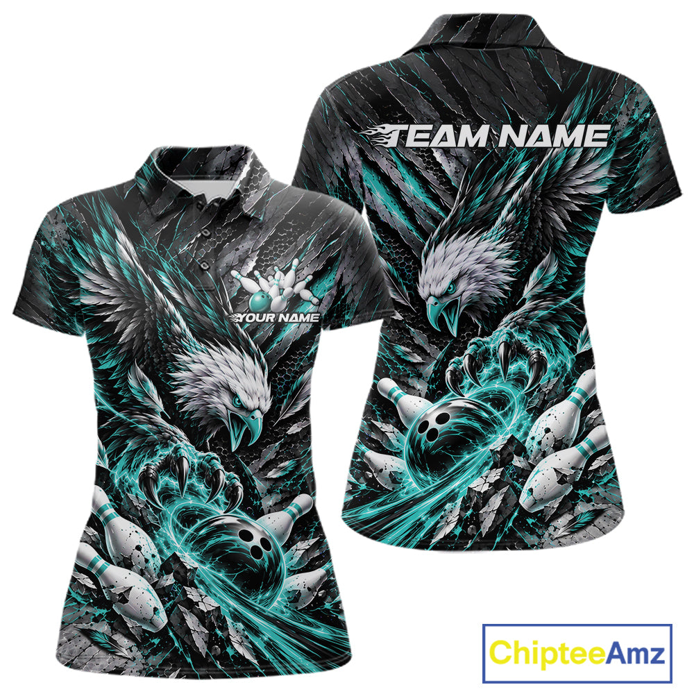 Custom Turquoise Eagle Bowling Polo Shirt For Women, Bowling Team Jersey Bowlers Outfit IPHW12422