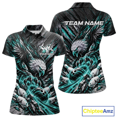 Custom Turquoise Eagle Bowling Polo Shirt For Women, Bowling Team Jersey Bowlers Outfit IPHW12422