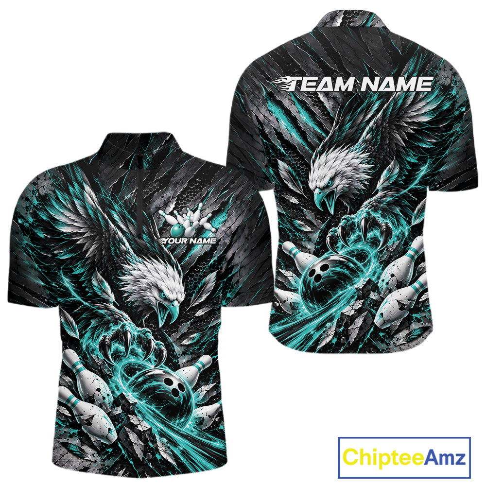 Custom Turquoise Eagle Bowling Quarter Zip Shirt For Men, Bowling Team Jersey Bowlers Outfit IPHW12422