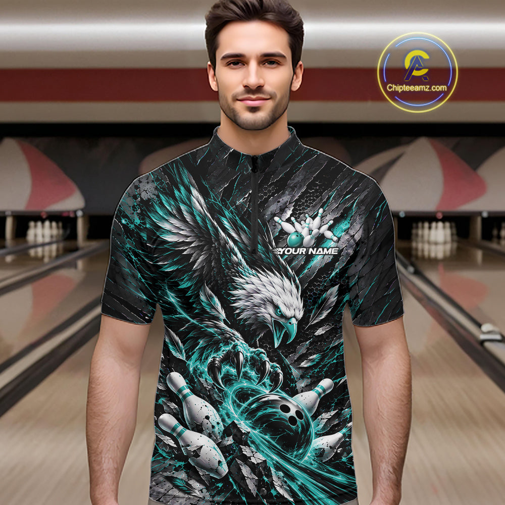 Custom Turquoise Eagle Bowling Quarter Zip Shirt For Men, Bowling Team Jersey Bowlers Outfit IPHW12422