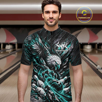 Custom Turquoise Eagle Bowling Quarter Zip Shirt For Men, Bowling Team Jersey Bowlers Outfit IPHW12422