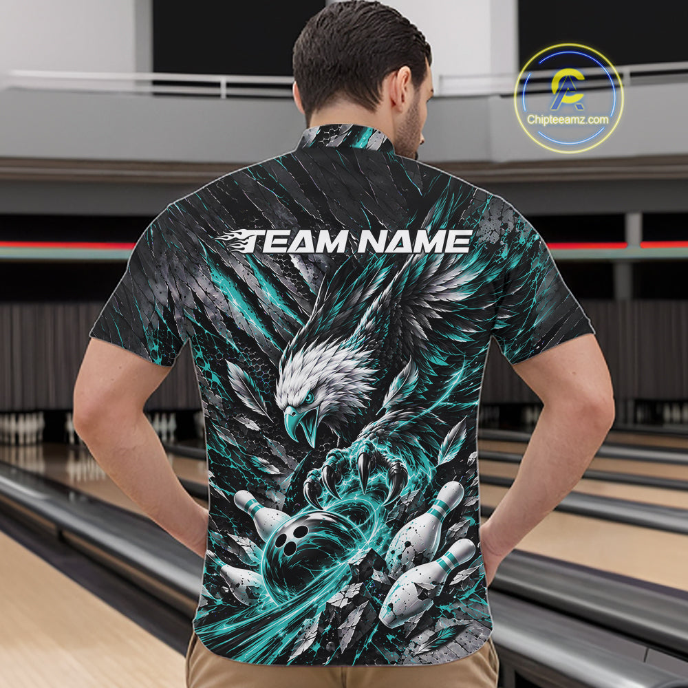 Custom Turquoise Eagle Bowling Quarter Zip Shirt For Men, Bowling Team Jersey Bowlers Outfit IPHW12422