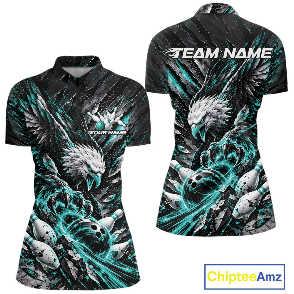 Custom Turquoise Eagle Bowling Women Quarter-Zip Shirt, Bowling Jersey Bowlers Outfit IPHW12422