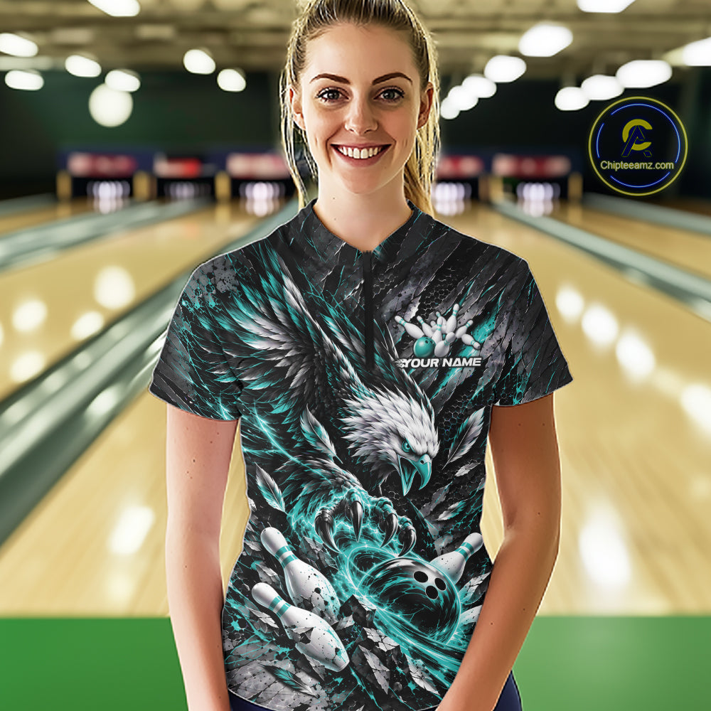 Custom Turquoise Eagle Bowling Women Quarter-Zip Shirt, Bowling Jersey Bowlers Outfit IPHW12422