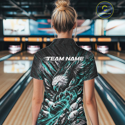 Custom Turquoise Eagle Bowling Women Quarter-Zip Shirt, Bowling Jersey Bowlers Outfit IPHW12422