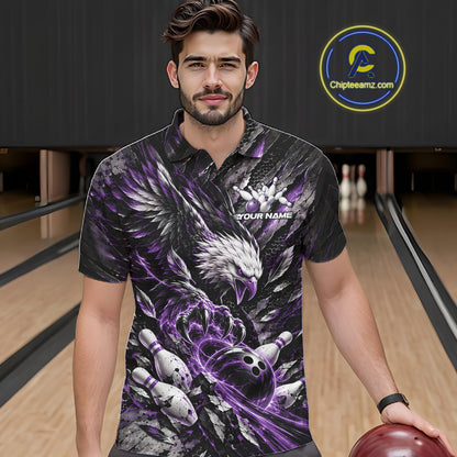 Custom Purple Eagle Bowling Polo Shirt For Men, Bowling Team Jersey Bowlers Outfit IPHW12423
