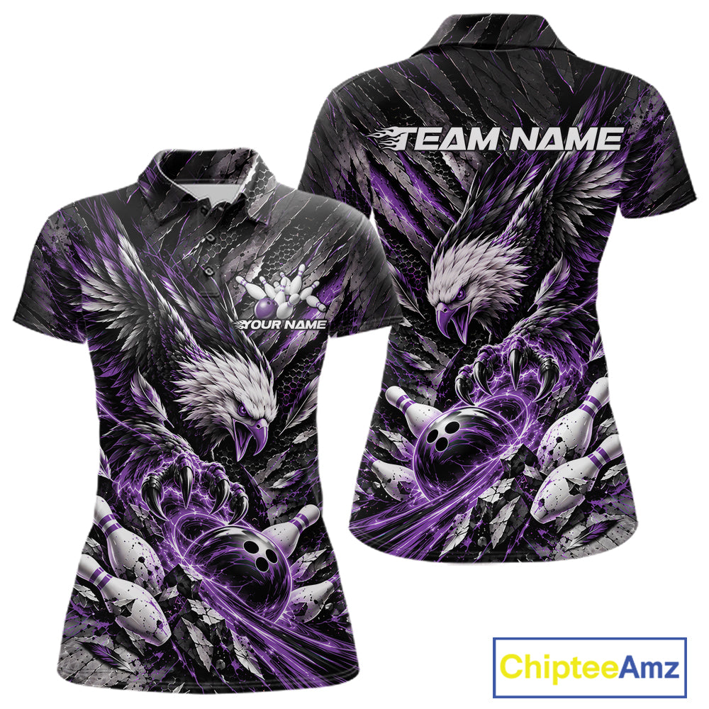 Custom Purple Eagle Bowling Polo Shirt For Women, Bowling Team Jersey Bowlers Outfit IPHW12423
