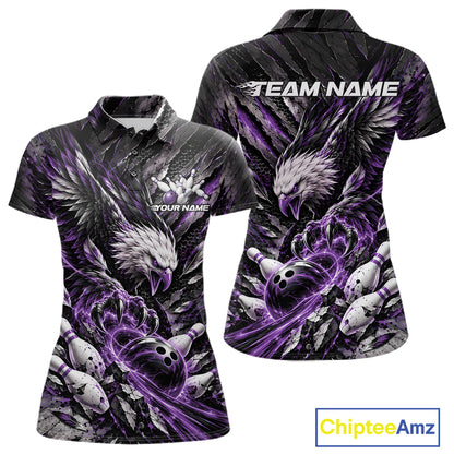 Custom Purple Eagle Bowling Polo Shirt For Women, Bowling Team Jersey Bowlers Outfit IPHW12423