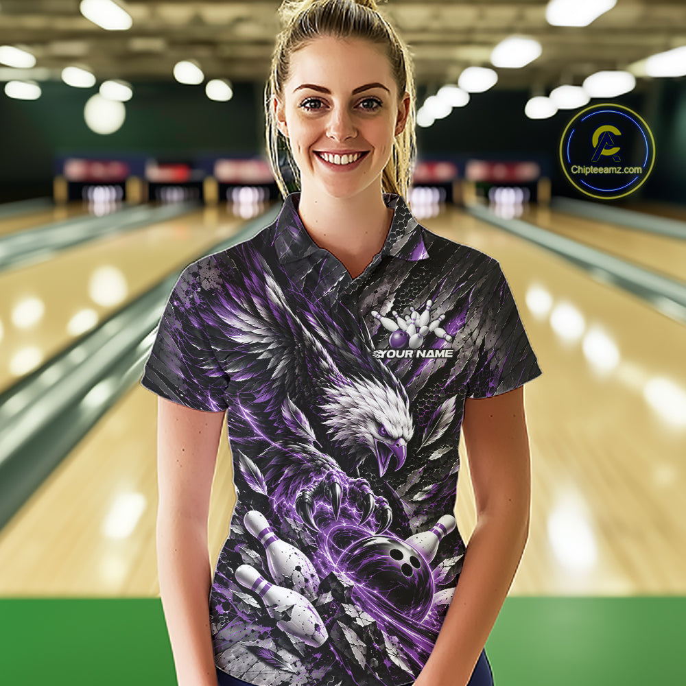 Custom Purple Eagle Bowling Polo Shirt For Women, Bowling Team Jersey Bowlers Outfit IPHW12423