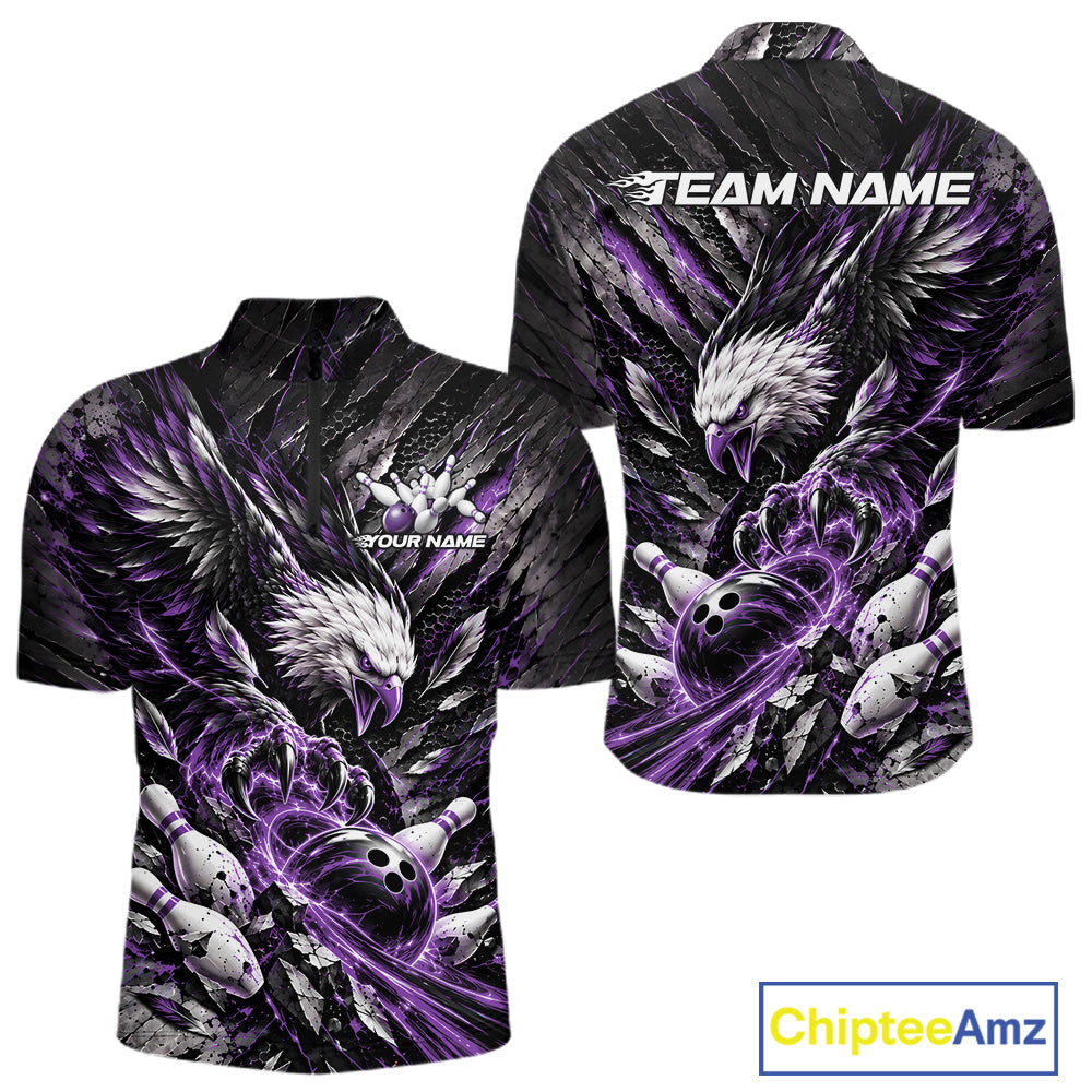 Custom Purple Eagle Bowling Quarter Zip Shirt For Men, Bowling Team Jersey Bowlers Outfit IPHW12423