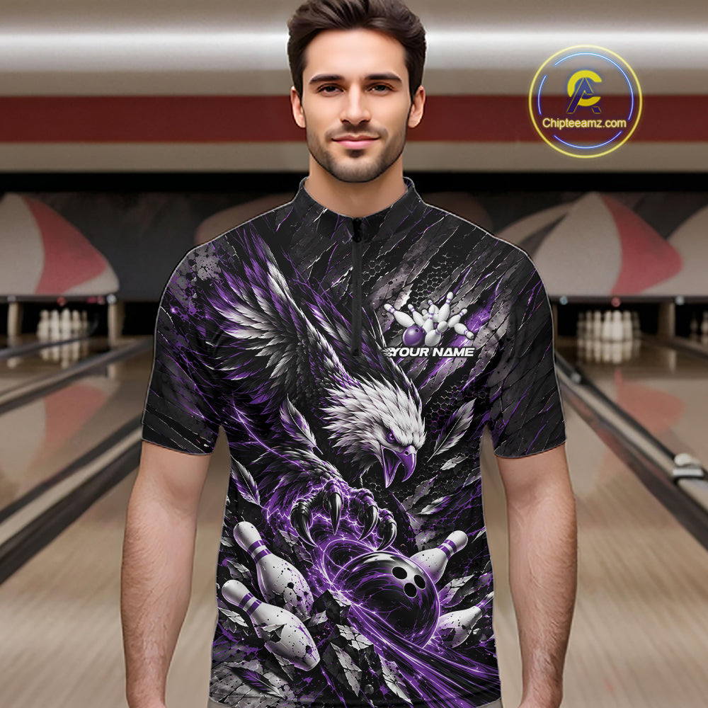 Custom Purple Eagle Bowling Quarter Zip Shirt For Men, Bowling Team Jersey Bowlers Outfit IPHW12423