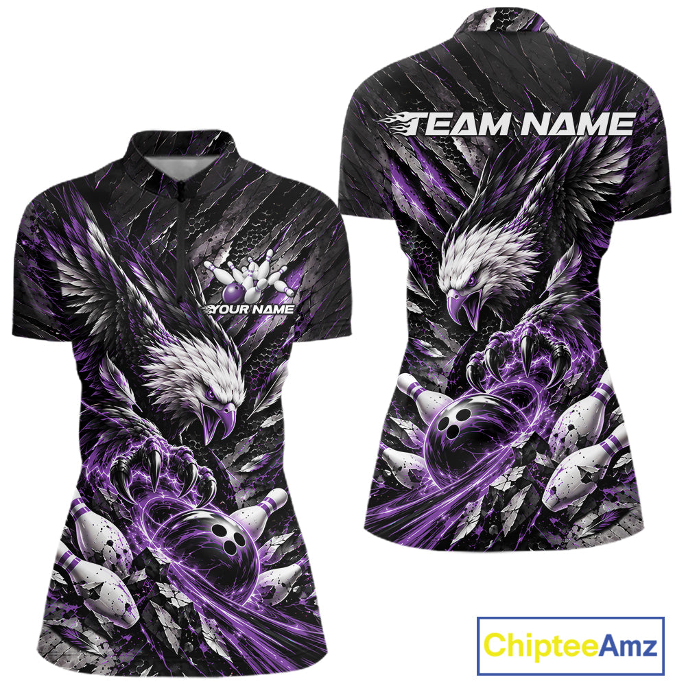 Custom Purple Eagle Bowling Women Quarter-Zip Shirt, Bowling Team Jersey Bowlers Outfit IPHW12423