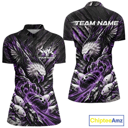 Custom Purple Eagle Bowling Women Quarter-Zip Shirt, Bowling Team Jersey Bowlers Outfit IPHW12423