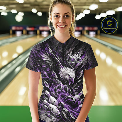 Custom Purple Eagle Bowling Women Quarter-Zip Shirt, Bowling Team Jersey Bowlers Outfit IPHW12423