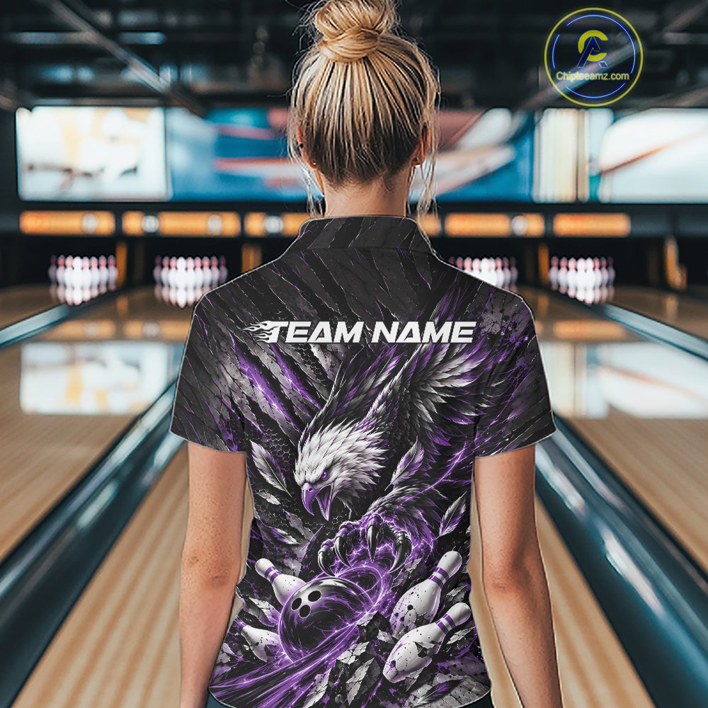 Custom Purple Eagle Bowling Women Quarter-Zip Shirt, Bowling Team Jersey Bowlers Outfit IPHW12423