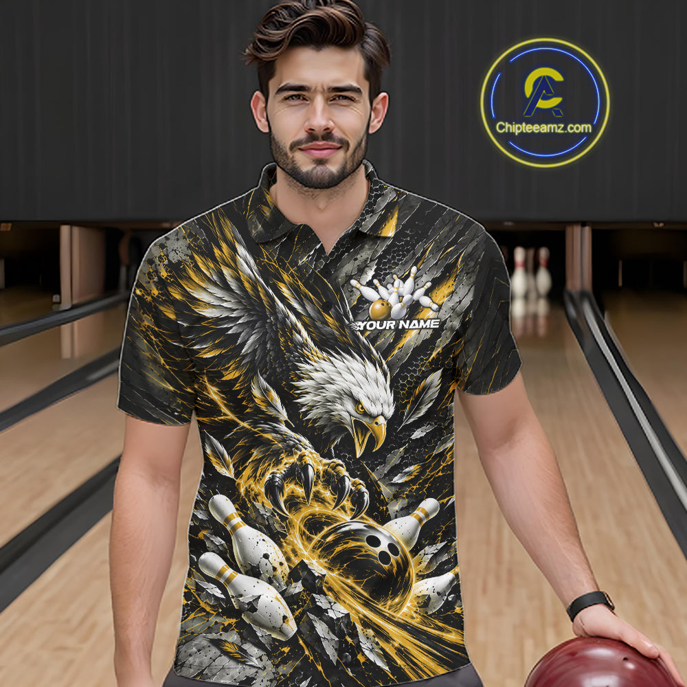 Custom Yellow Eagle Bowling Polo Shirt For Men, Bowling Team Jersey Bowlers Outfit IPHW12424