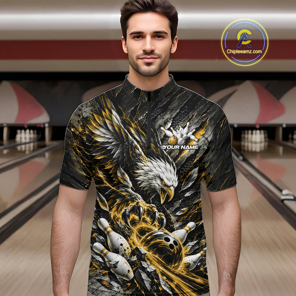 Custom Yellow Eagle Bowling Quarter Zip Shirt For Men, Bowling Team Jersey Bowlers Outfit IPHW12424