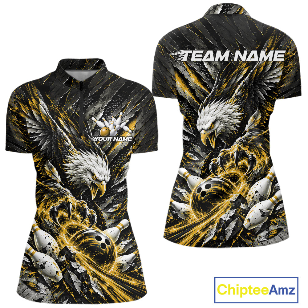 Custom Yellow Eagle Bowling Women Quarter-Zip Shirt, Bowling Team Jersey Bowlers Outfit IPHW12424