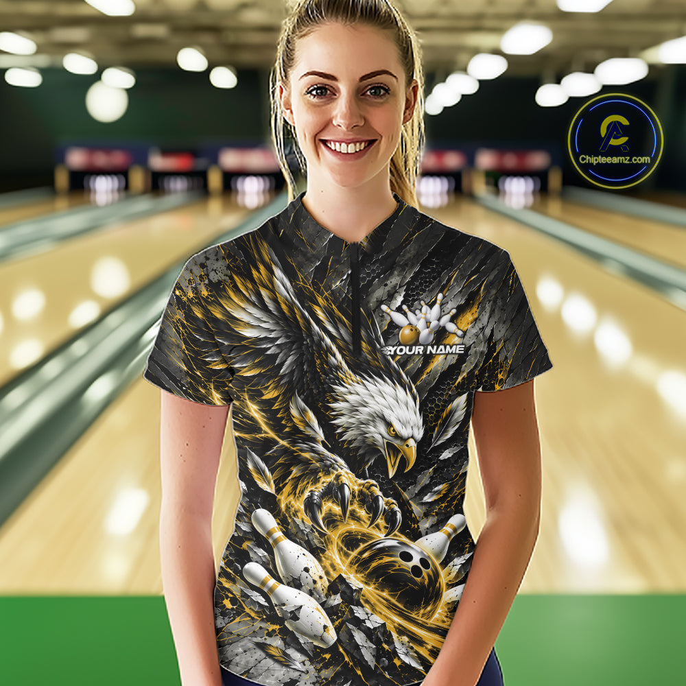 Custom Yellow Eagle Bowling Women Quarter-Zip Shirt, Bowling Team Jersey Bowlers Outfit IPHW12424