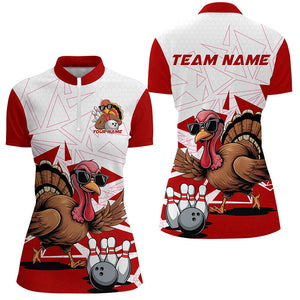 White And Red Custom Funny Turkey Ladies Bowling Shirts, Thanksgiving Bowling Team Jerseys IPHW7874