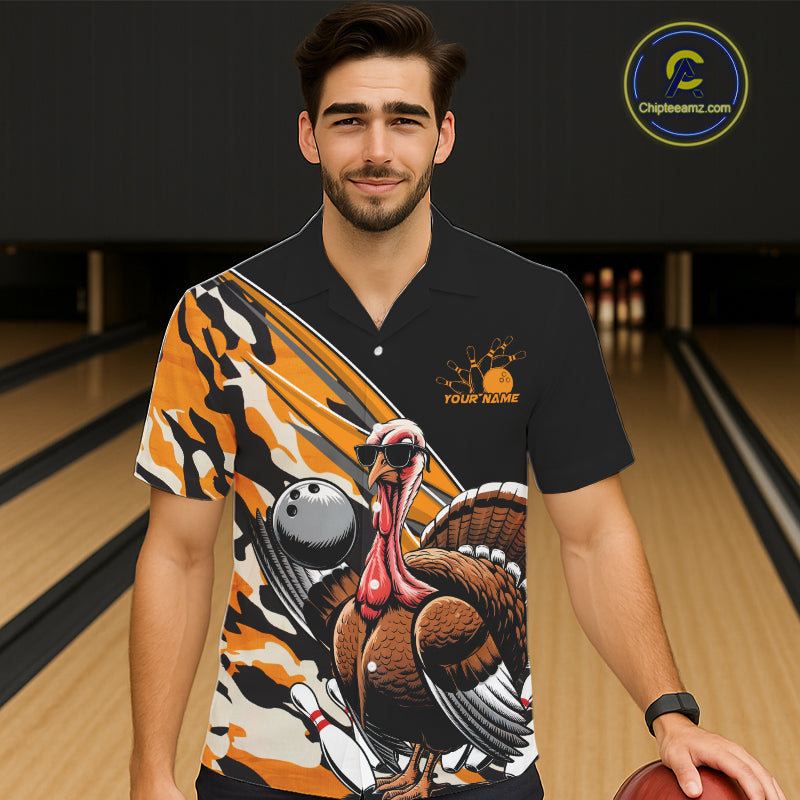 Yellow Camo Custom Funny Turkey Bowling Men And Women Hawaiian Shirt, Thanksgiving Bowling Tournament IPHW7881