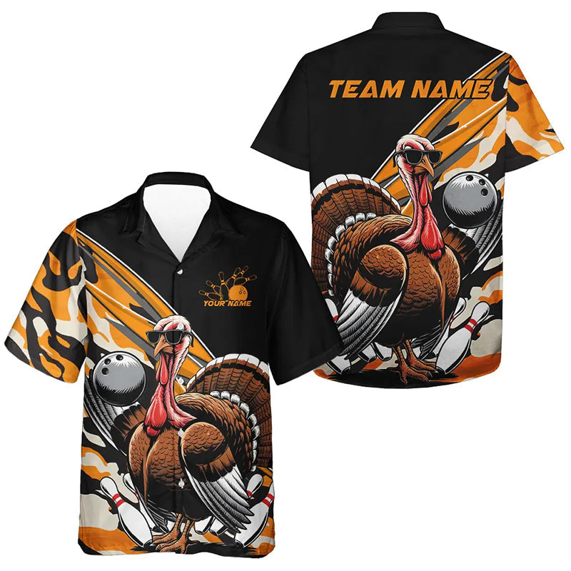 Yellow Camo Custom Funny Turkey Bowling Men And Women Hawaiian Shirt, Thanksgiving Bowling Tournament IPHW7881