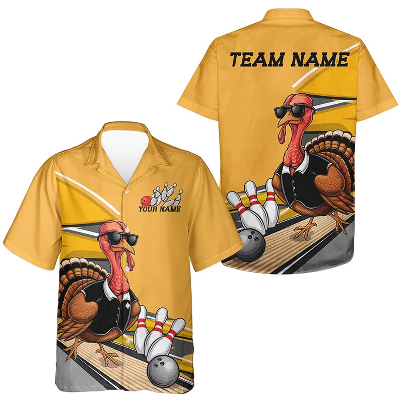 Custom Yellow Funny Turkey Bowling Team Shirts For Men And Women, Thanksgiving Bowler Outfits IPHW7885