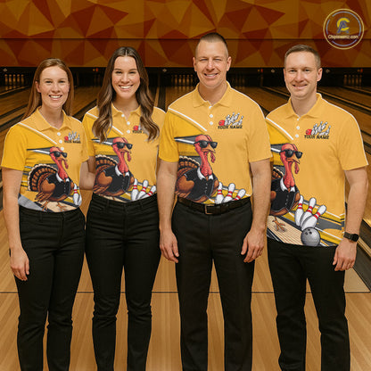 Custom Yellow Funny Turkey Bowling Team Shirts For Men, Thanksgiving Bowler Outfits IPHW7885