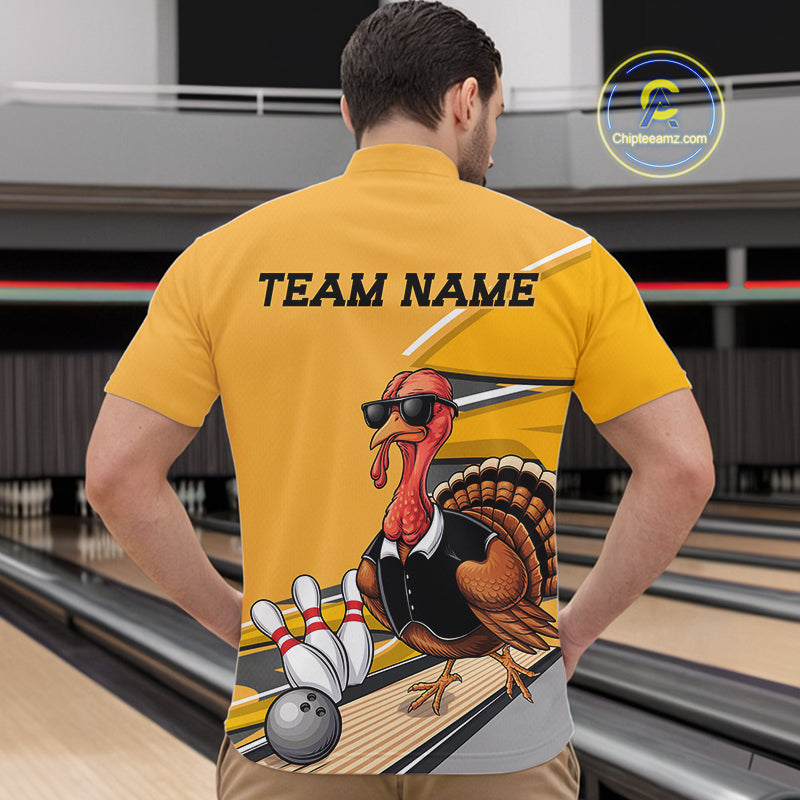 Custom Yellow Funny Turkey Bowling Team Shirts For Men, Thanksgiving Bowler Outfits IPHW7885