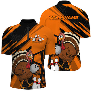 Custom Black And Orange Turkey Bowling Shirts For Men, Thanksgiving Bowling Team Outfits IPHW7887