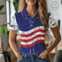 Load image into Gallery viewer, USA flag camo golf outfits funny skull golf polo shirts for Women custom patriotic golf shirts ladies NQS11400