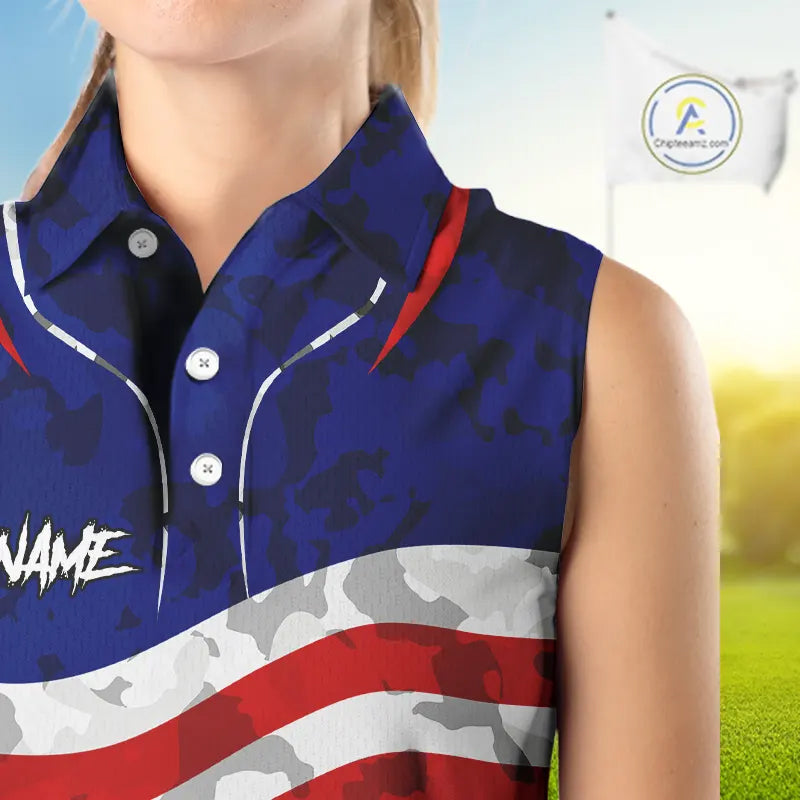 USA flag camo golf outfits funny skull ladies sleeveless golf tops custom patriotic golf shirt ladies NQS11400