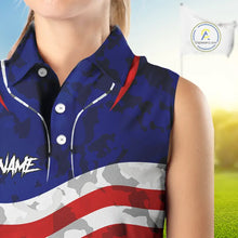 Load image into Gallery viewer, USA flag camo golf outfits funny skull ladies sleeveless golf tops custom patriotic golf shirt ladies NQS11400