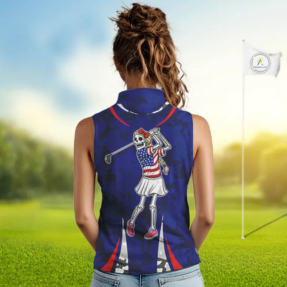 USA flag camo golf outfits funny skull ladies sleeveless golf tops custom patriotic golf shirt ladies NQS11400