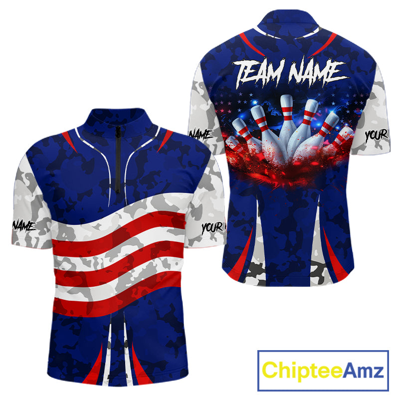 Camo American flag bowling jersey custom bowling polo, 1/4 zip shirts for men, bowling league shirts NQS11401