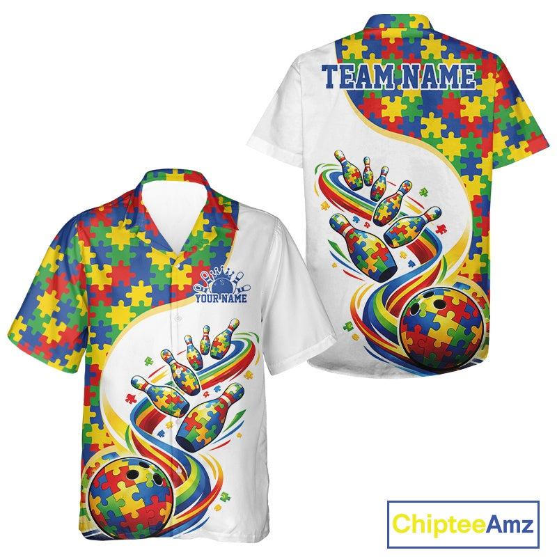Button-up bowling shirt mockup featuring white shirt with vibrant autism bowling strike illustration and playful puzzle-themed styling