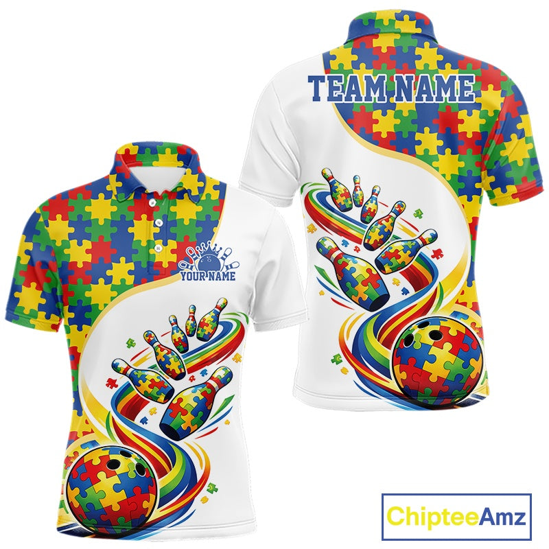 Men’s bowling polo shirt mockup front and back showing colorful autism-themed bowling strikes with vibrant puzzle artwork on white fabric