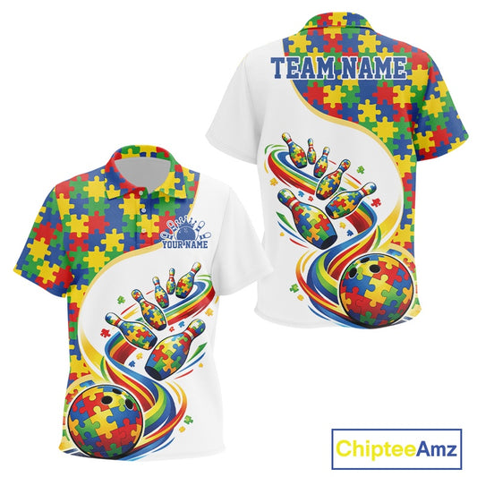 Kid polo shirt mockup front and back showing autism-themed bowling strike artwork with bright puzzle-inspired details on white shirt