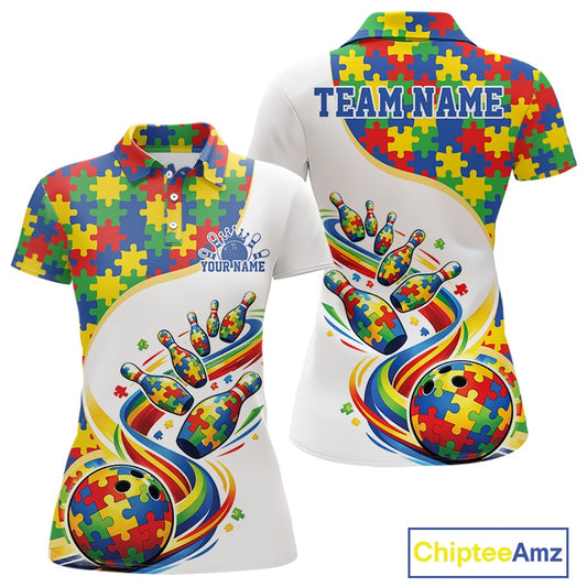Women’s polo shirt mockup front and back displaying white shirt with vibrant autism bowling strike design and puzzle artwork