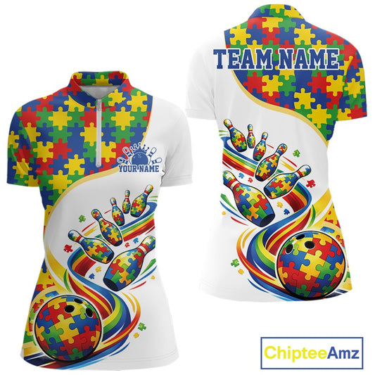 Front and back view of a women’s quarter-zip bowling shirt mockup in white, featuring autism-themed bowling strike design with puzzle patterns.