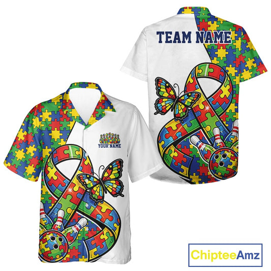 Button-up bowling shirt mockup showing white shirt with autism ribbon puzzle design, butterfly detail, and bowling ball striking pins illustration