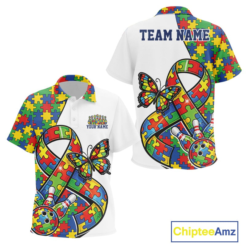 Kid polo shirt mockup front and back showing white shirt with autism awareness ribbon puzzle design, butterfly, and bowling strike artwork