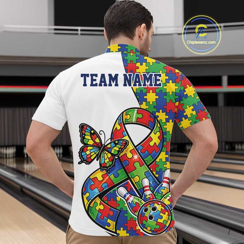 At Bowling Lane, Front View Male Model In White Quarter-Zip Shirt Showcasing Autism Puzzle Ribbon Design, Butterfly Accent And Bowling Action Graphics