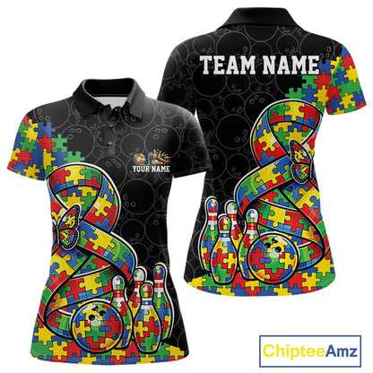 Women’s polo shirt mockup front and back featuring autism awareness ribbon filled with puzzle pattern, butterfly accents, and bowling ball striking pins on black shirt