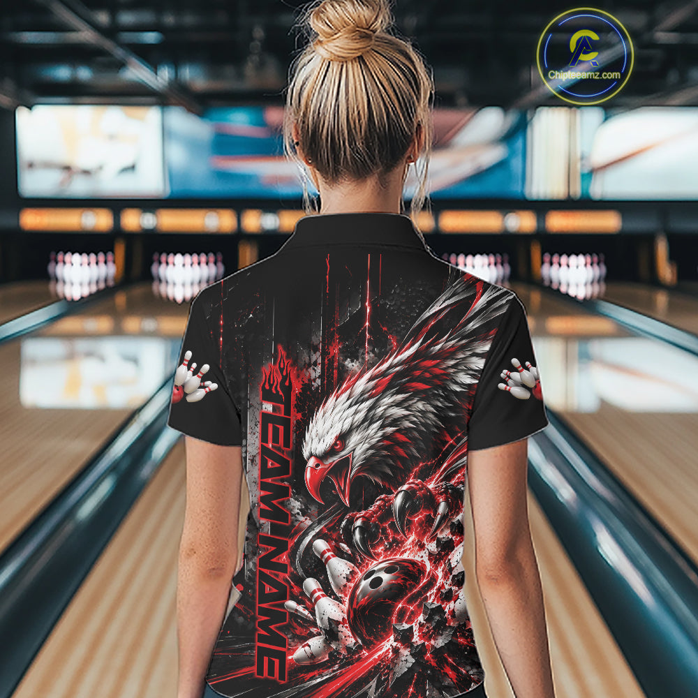 Custom Red Grunge Eagle Bowling Women Polo Shirt, Team League Shirt Bowlers Outfit IPHW12430